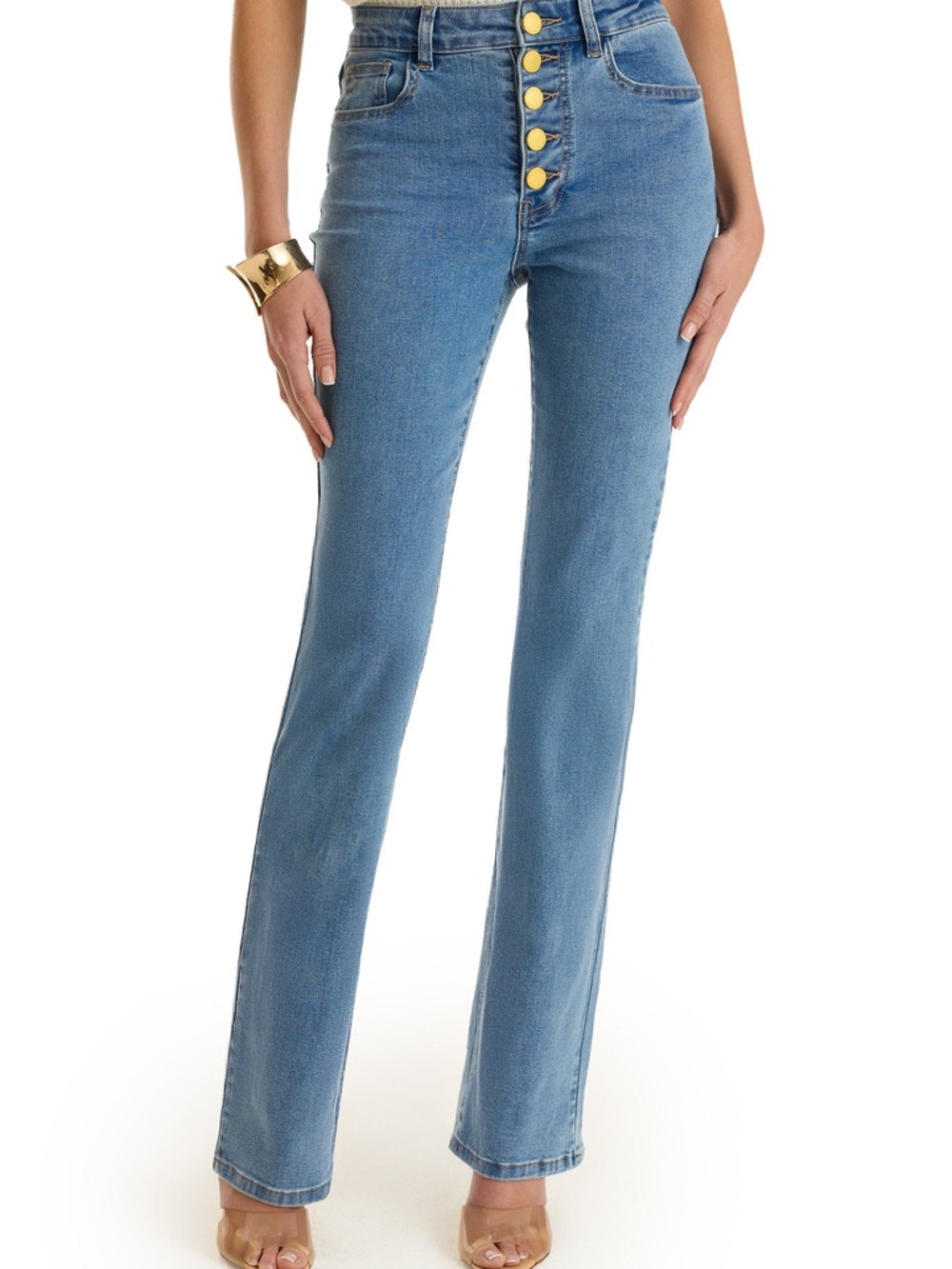 Noli High-Rise Light Blue Slim Bootcut Jeans with Gold Buttons